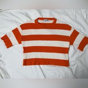 Mango Bold Striped Orange and Cream Cropped Sweater
